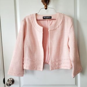 KARL LAGERFELD pink tweed blazer medium neru collar pink fringe excellent